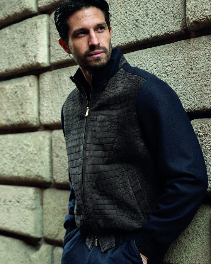 Textured brown leather and navy knit jacket
